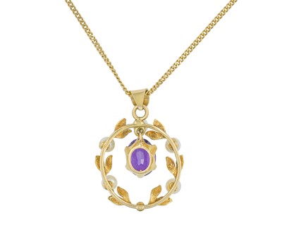 Lot 71 - A 9k amethyst and cultured pearl set pendant necklace by Cropp & Farr.