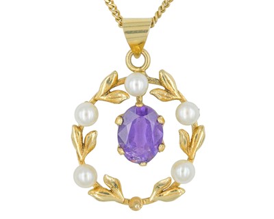 Lot 71 - A 9k amethyst and cultured pearl set pendant necklace by Cropp & Farr.