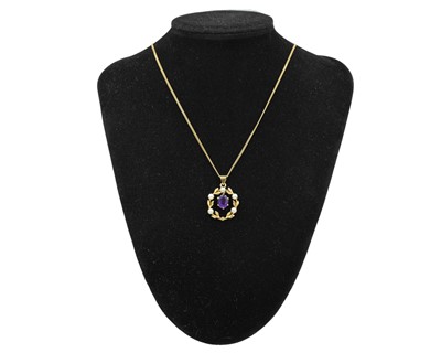 Lot 71 - A 9k amethyst and cultured pearl set pendant necklace by Cropp & Farr.