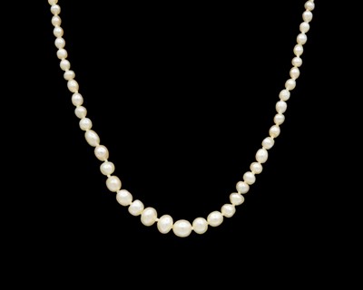 Lot 115 - A graduated pearl necklace strung to a white gold clasp set with two old mine-cut diamonds.