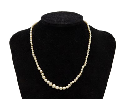 Lot 115 - A graduated pearl necklace strung to a white gold clasp set with two old mine-cut diamonds.