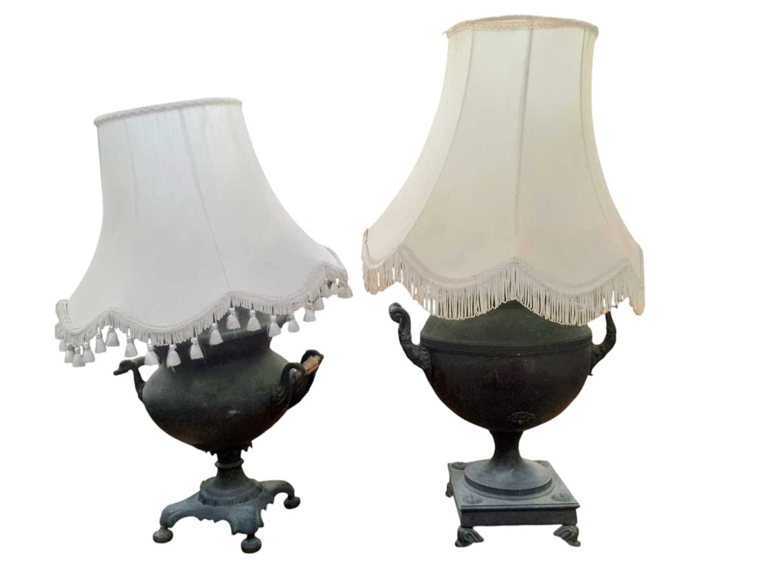 Lot 87 - Two lamp bases with shades, each converted from a copper tea urn.