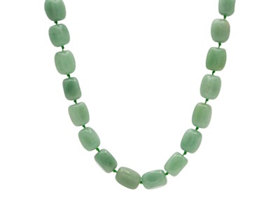 Lot 188 - A green jadeite cubed bead necklace strung to a 925 silver T bar clasp.