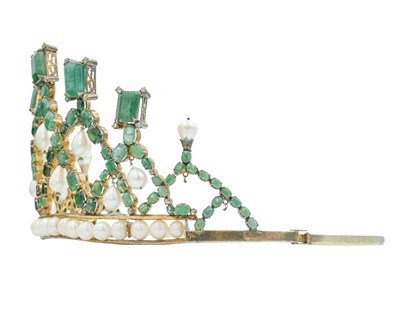 Lot 287 - An impressive silver-gilt tiara, set with diamonds, emeralds and cultured pearls.