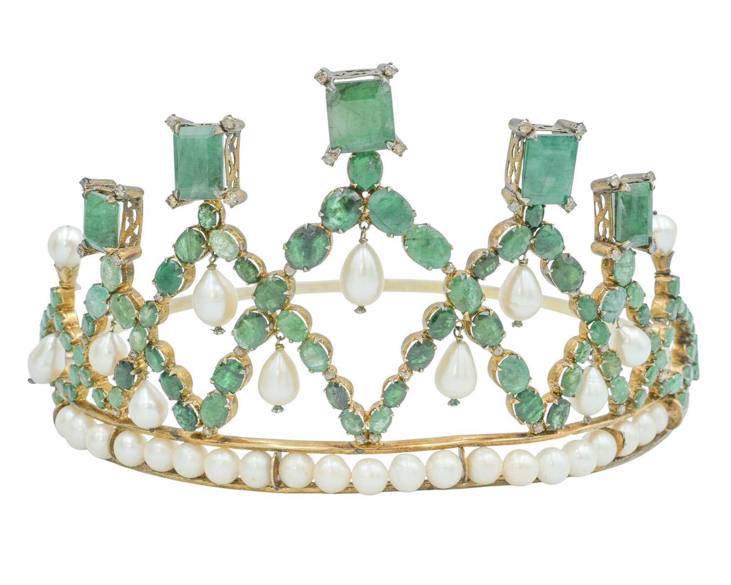 Lot 287 - An impressive silver-gilt tiara, set with diamonds, emeralds and cultured pearls.