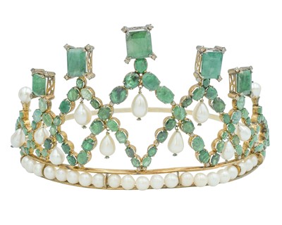 Lot 287 - An impressive silver-gilt tiara, set with diamonds, emeralds and cultured pearls.