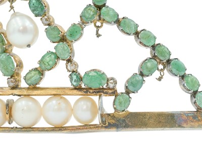 Lot 287 - An impressive silver-gilt tiara, set with diamonds, emeralds and cultured pearls.