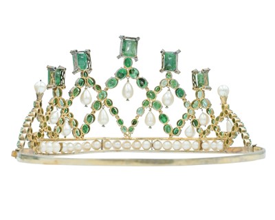 Lot 287 - An impressive silver-gilt tiara, set with diamonds, emeralds and cultured pearls.