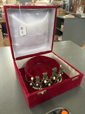 Lot 287 - An impressive silver-gilt tiara, set with diamonds, emeralds and cultured pearls.