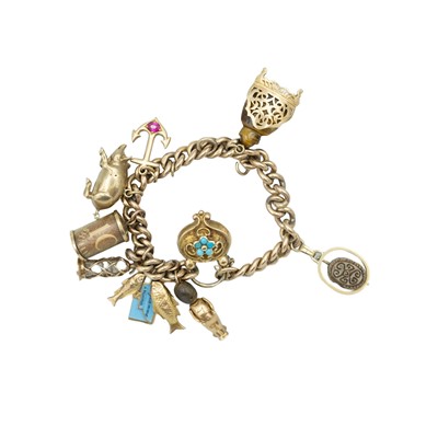 Lot 158 - A good 9k charm bracelet applied with 10 gold charms and a turquoise set padlock clasp.