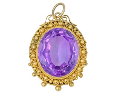 Lot 86 - A good Victorian gold Etruscan Revival amethyst set pendant.
