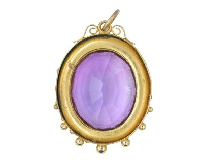 Lot 86 - A good Victorian gold Etruscan Revival amethyst set pendant.