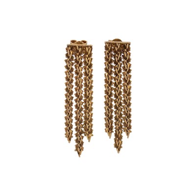 Lot 114 - A pair of 18k (tested) tassel earrings.