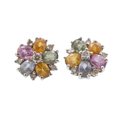 Lot 116 - A pair of modern 18k white gold multi-colour sapphire and diamond set cluster stud earrings.