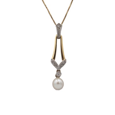 Lot 180 - A 14k diamond and cultured pearl set pendant on a 9k fine box-link chain.