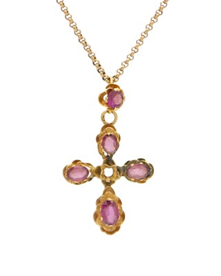 Lot 216 - A Victorian gold cross pendant set with garnets, set on a modern 9k chain.