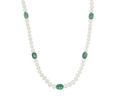 Lot 283 - A large freshwater cultured pearl and emerald bead opera length necklace.