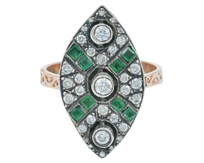 Lot 133 - An antique style rose gold and silver topped navette ring, set with emeralds and diamonds.