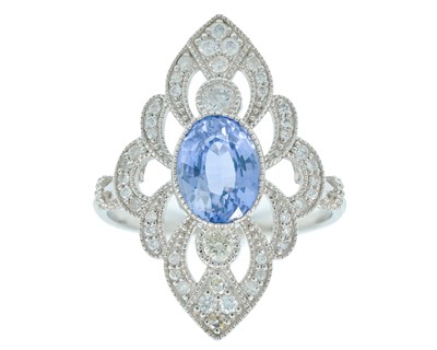 Lot 152 - An Art Nouveau style platinum sapphire and diamond dress ring.