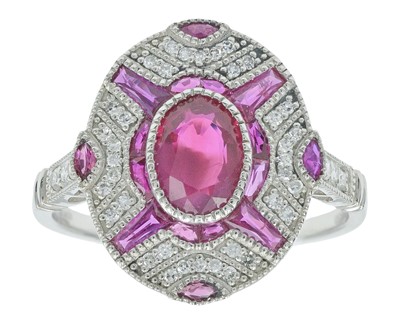 Lot 162 - A platinum Art Deco style ruby and diamond set dress ring.