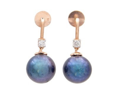 Lot 177 - A pair of 9k rose gold black cultured pearl and diamond set articulated earrings.