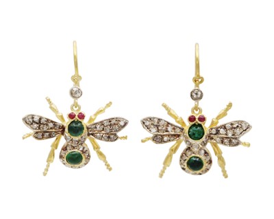 Lot 222 - A pair of silver-gilt diamond, emerald and red spinel set earrings, designed as bees.