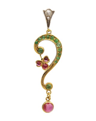 Lot 224 - An Art Nouveau style silver-gilt pendant, set with a rubies, chrome tourmaline and diamond bale.