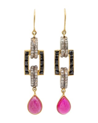Lot 227 - A pair of Art Deco style silver-gilt diamond, onyx and ruby set pendant earrings.