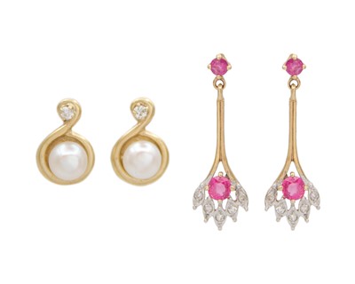 Lot 231 - Two pairs of 9k diamond set earrings, one pair set with pink sapphires, the other pearls.