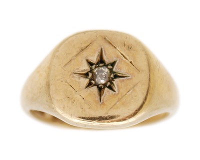 Lot 230 - A 9k hallmarked gold signet ring, set with an old-mine cut diamond.