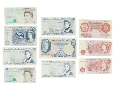 Lot 205 - English £5 Bank Notes x7 Plus 10/- Notes x3.