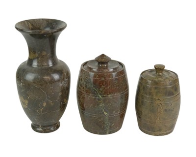 Lot 79 - A turned red Cornish serpentine tobacco jar.