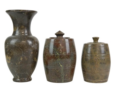 Lot 79 - A turned red Cornish serpentine tobacco jar.