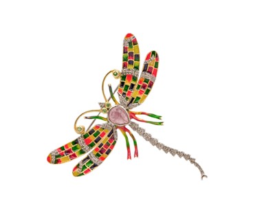Lot 244 - A silver and enamel dragonfly brooch/pendant, set with diamonds, tourmaline and garnets.