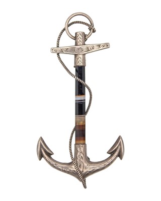 Lot 241 - A Victorian Scottish silver and banded agate brooch, in the form of a fouled anchor.