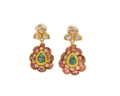 Lot 261 - A pair of Indian high-purity gold and enamel, diamond, emerald and amethyst set earrings.