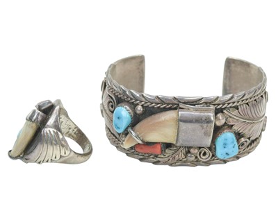 Lot 101 - Navajo sterling silver bangle and ring.