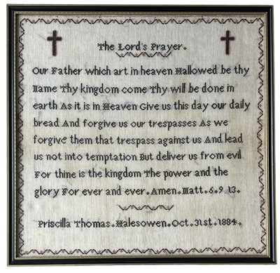Lot 5 - A Victorian sampler, The Lord's Prayer, worked...