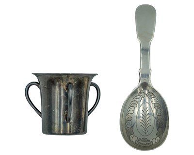 Lot 118 - A silver miniature tyg loving cup.