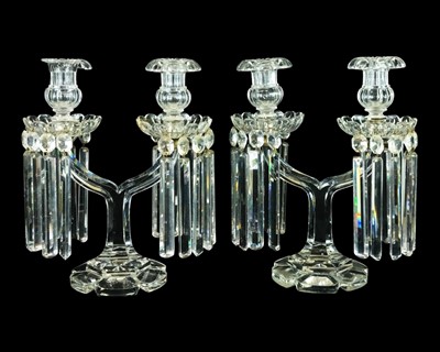 Lot 539 - A pair of cut glass table candelabra/table lustres.