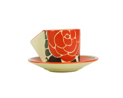 Lot 687 - A Clarice Cliff Latona Roses pattern coffee can and saucer.