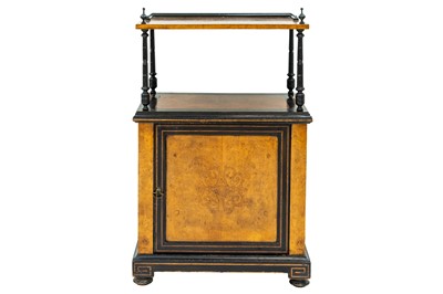 Lot 872 - A Victorian Aesthetic movement burr walnut and ebonised side cabinet.