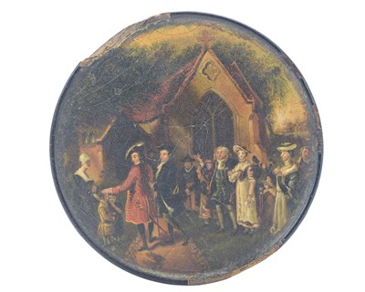 Lot 101 - A circular lacquered snuff box, attributed to Samuel Raven.
