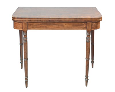 Lot 869 - A late George III mahogany, crossbanded and boxwood strung fold top card table.