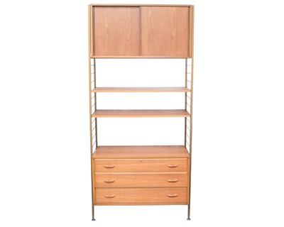 Lot 658 - A mid-century Ladderax teak and metal modular shelving unit.