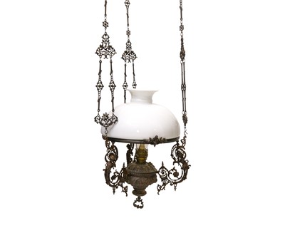 Lot 815 - A late Victorian rise and fall painted iron light pendant.