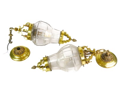Lot 804 - A pair of brass and cut glass hanging light pendants.