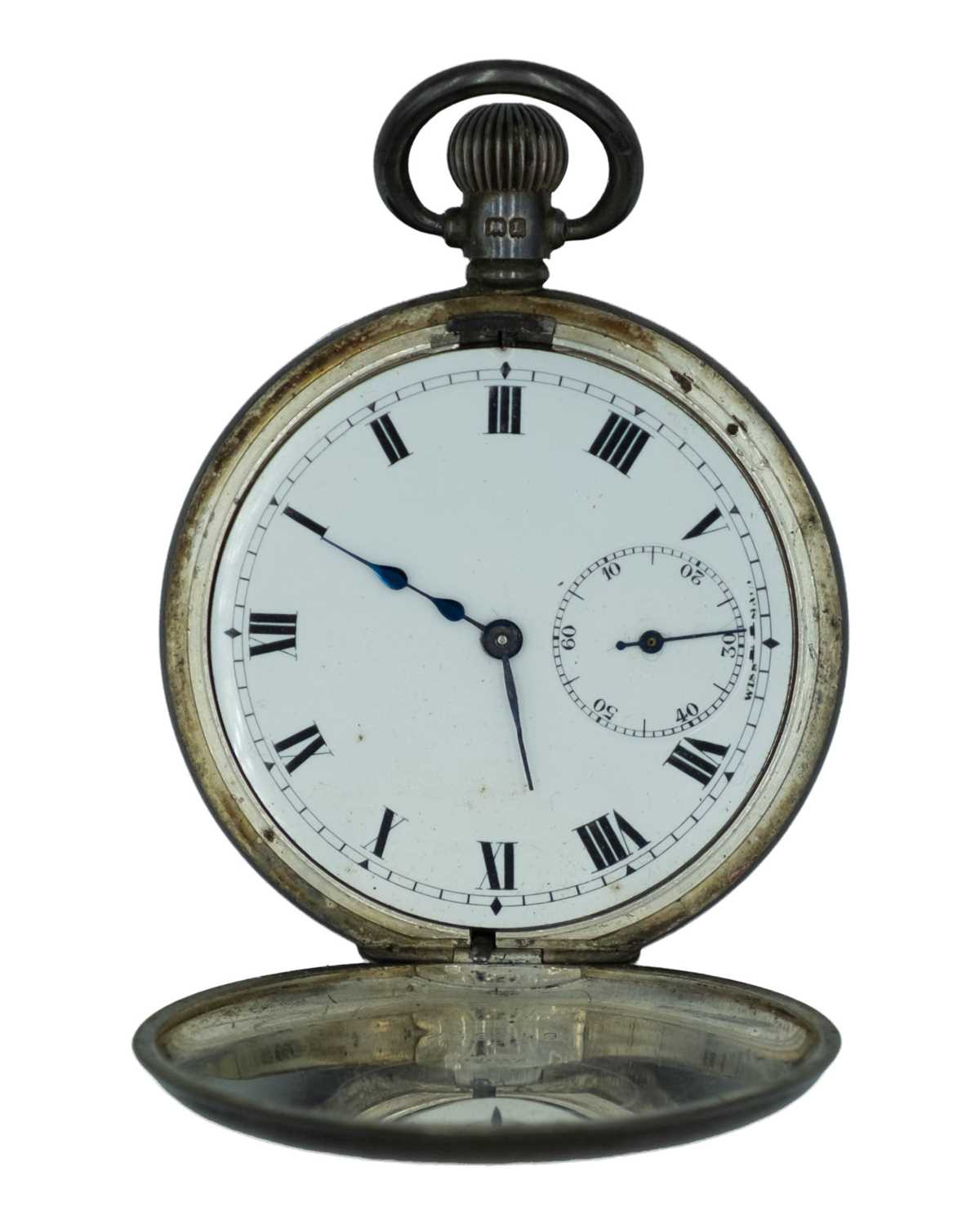 Lot 541 - A silver-cased keyless wind full-hunter Swiss lever pocket watch.