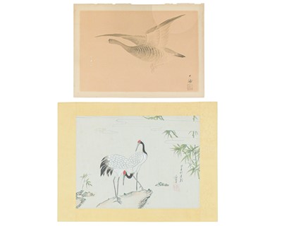 Lot 405 - A Japanese watercolour of a goose in flight before the moon.