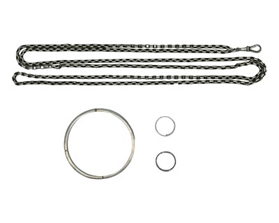 Lot 452 - A silver 55" longuard chain with dog clip clasp, a silver bangle and a ring.